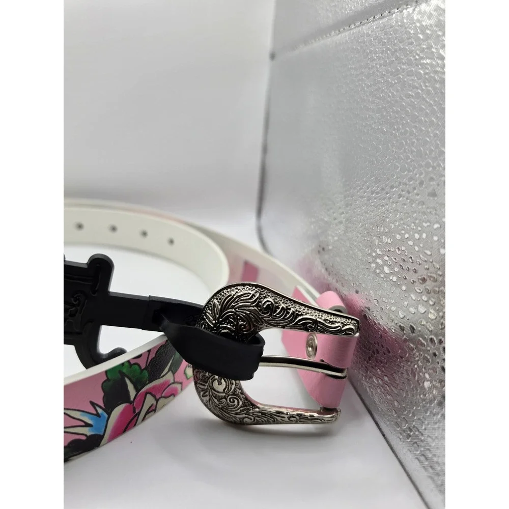 Ed Hardy Pink Graphic Leather Belt Rhinestone Studded Silver Buckle S/M NWT Y2K